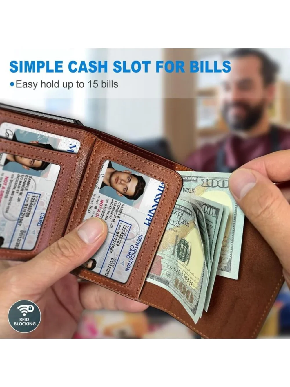 Slim RFID Blocking Wallet for Men - Cash Pocket, 2 ID Windows, Pop-Up Card